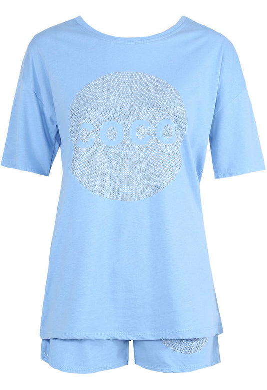     Blue COCO rhinestone t-shirt and shorts matching set