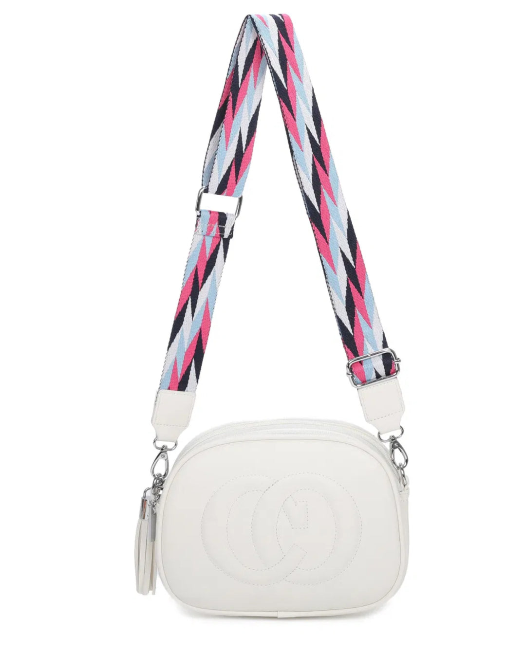 A animal patterned strap cross body bag with a detachable and adjustable strap, featuring multiple zipped compartments and golden tone metal hardware.
