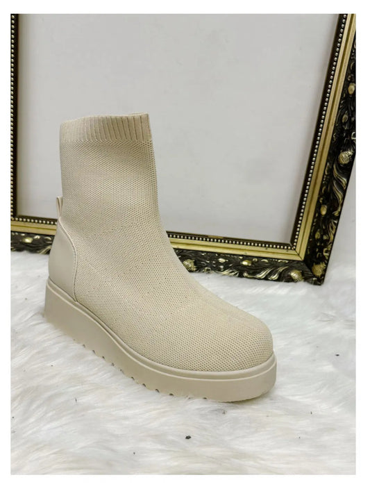 Cream wedge ankle sock boots