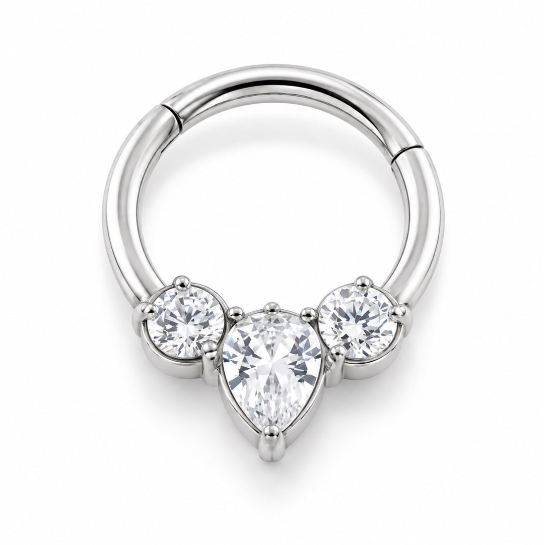 Steel 3 Gem Teardrop Hinged Micro Ring