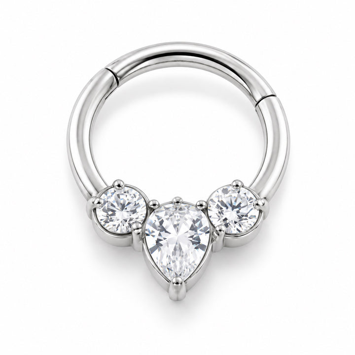 Steel 3 Gem Teardrop Hinged Micro Ring