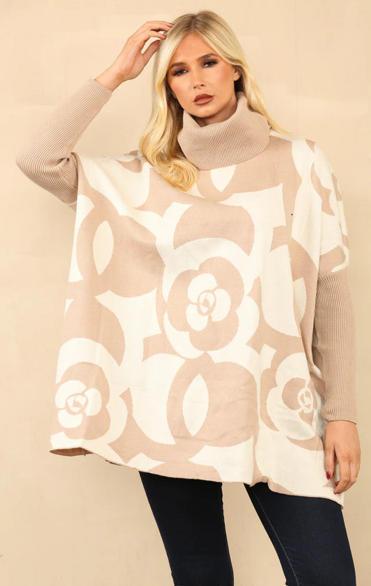 Flower printed roll neck oversized jumper