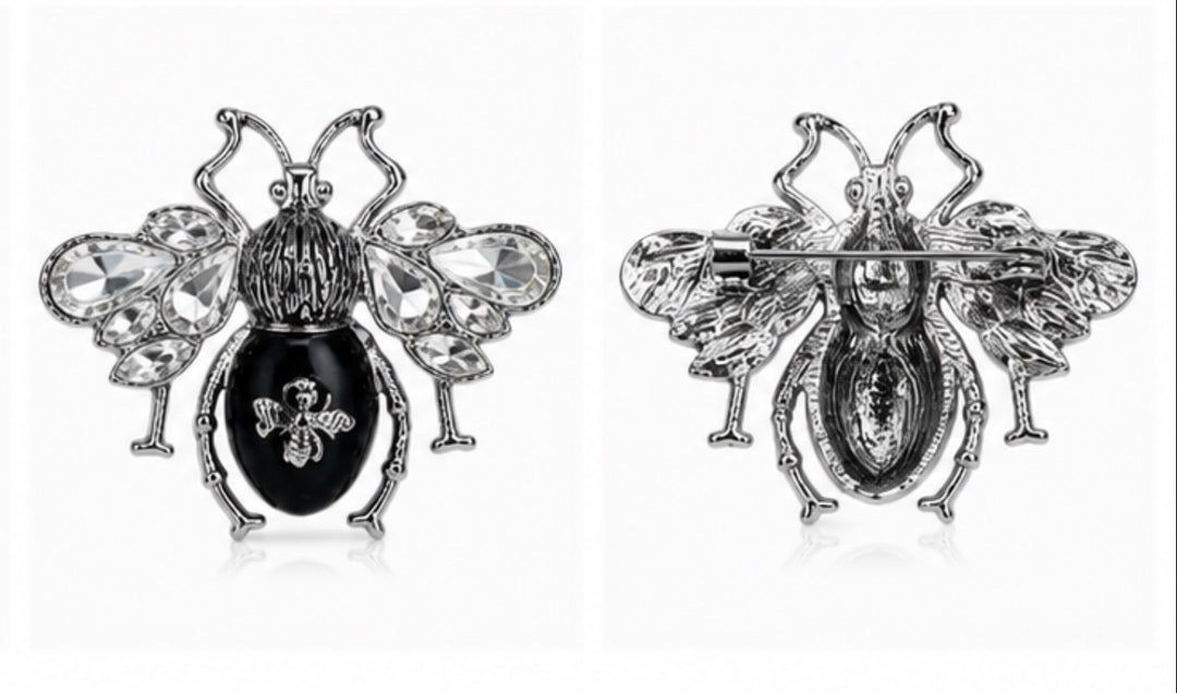 Crystal Bee Brooch – Gold &amp; Black Enamel Rhinestone Pin