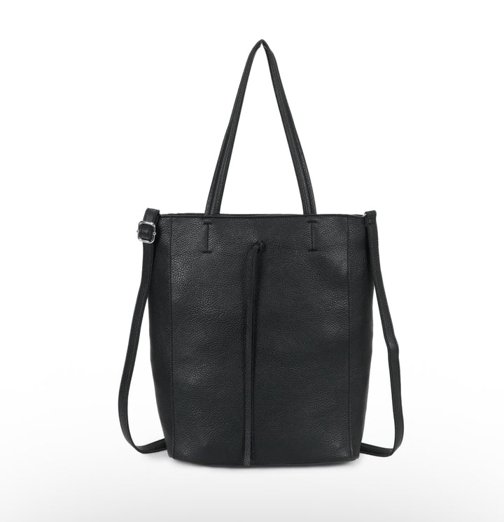 Black leather tote bag with shoulder straps on a white background