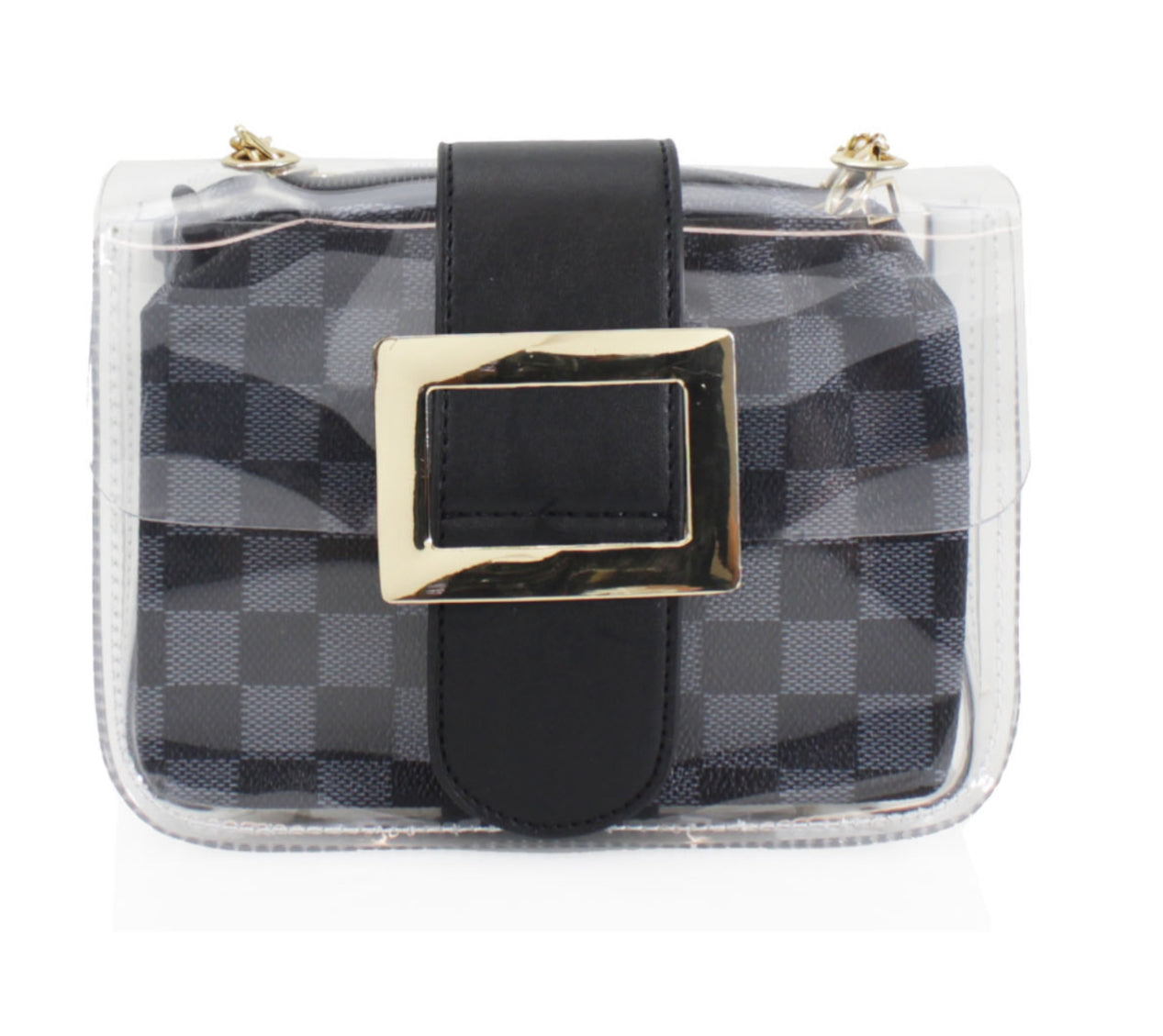 A Checked transparent two in one crossbody chain strap bag with black checkered pattern and a gold-tone chain strap.