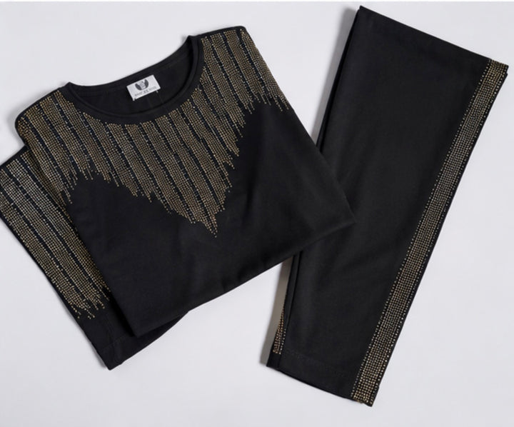 Embellished Lounge Set – Oversized Sparkle Top &amp; Side Stripe Leggings