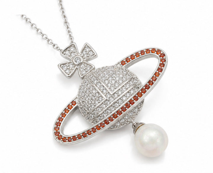 Crystal Planet Pendant Necklace with Pearl Drop