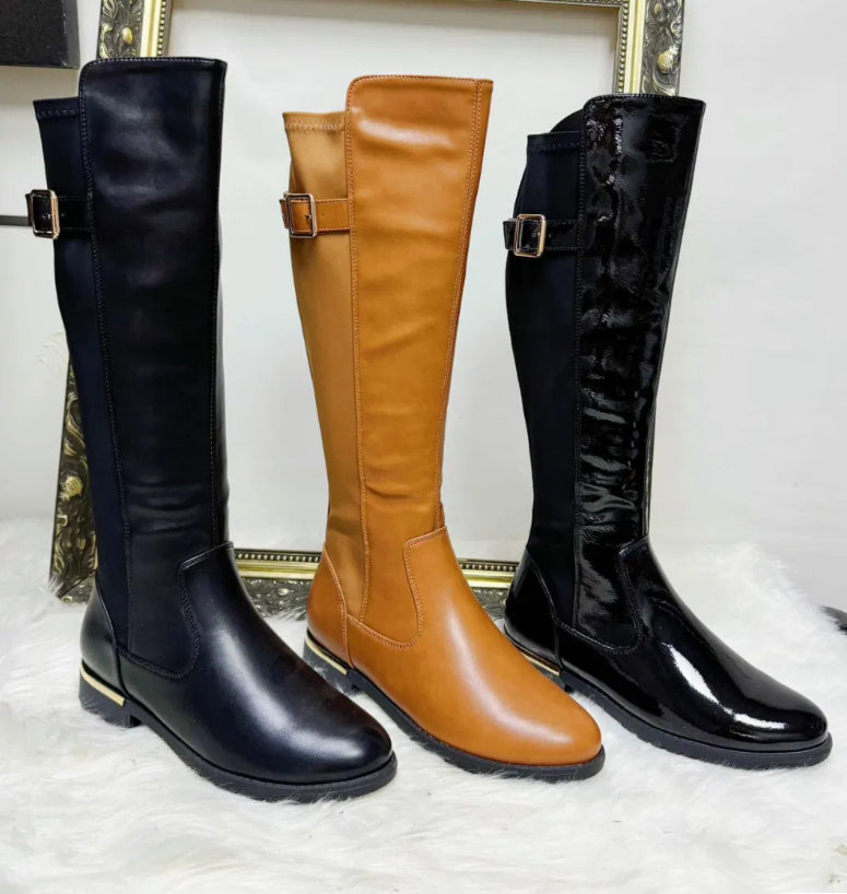 Knee high stretch calf boots in camel, black and brown, women’s boots
