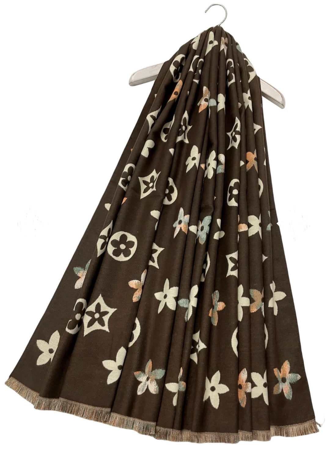 floral patterned scarf in brown and beige large flower monogram 