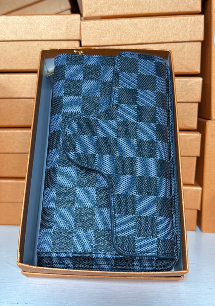 black and grey printed checked purse