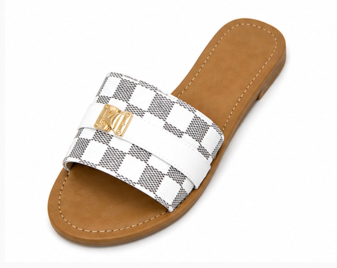 Women’s Checked Flat Slide Sandals with Gold Detail