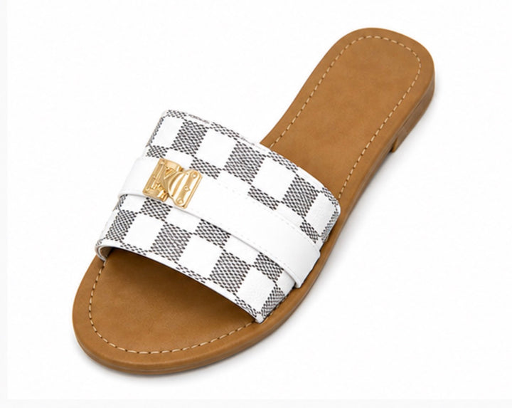 Women’s Checked Flat Slide Sandals with Gold Detail