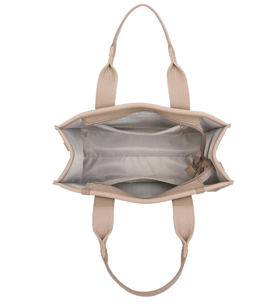 A large stripe print tote bag with double handles and a detachable adjustable long strap in beige 
