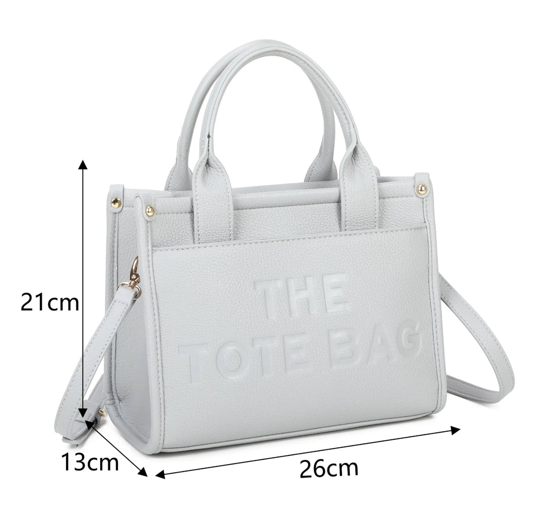 grey tote bag with measurements