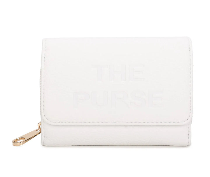 White faux leather purse with embossed ‘THE PURSE’ lettering and gold zip detail