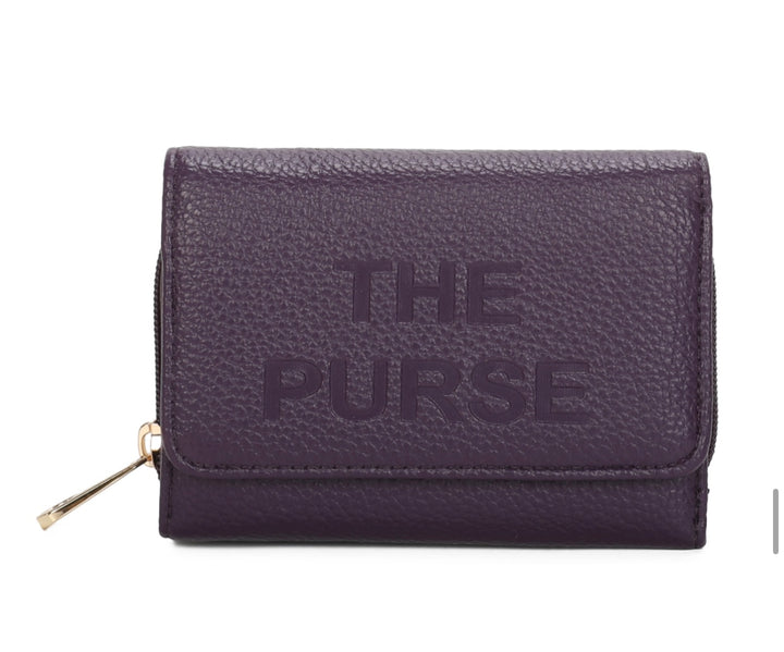 Purple faux leather purse with embossed ‘THE PURSE’ lettering and gold zip detail