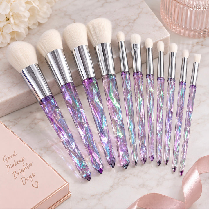 10 Piece Iridescent Crystal Handle Makeup Brush Set