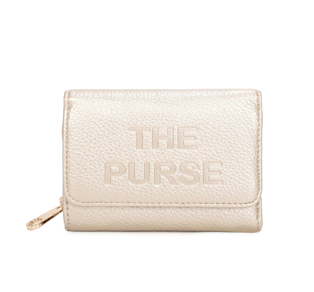 Gold faux leather purse with embossed ‘THE PURSE’ lettering and gold zip detail