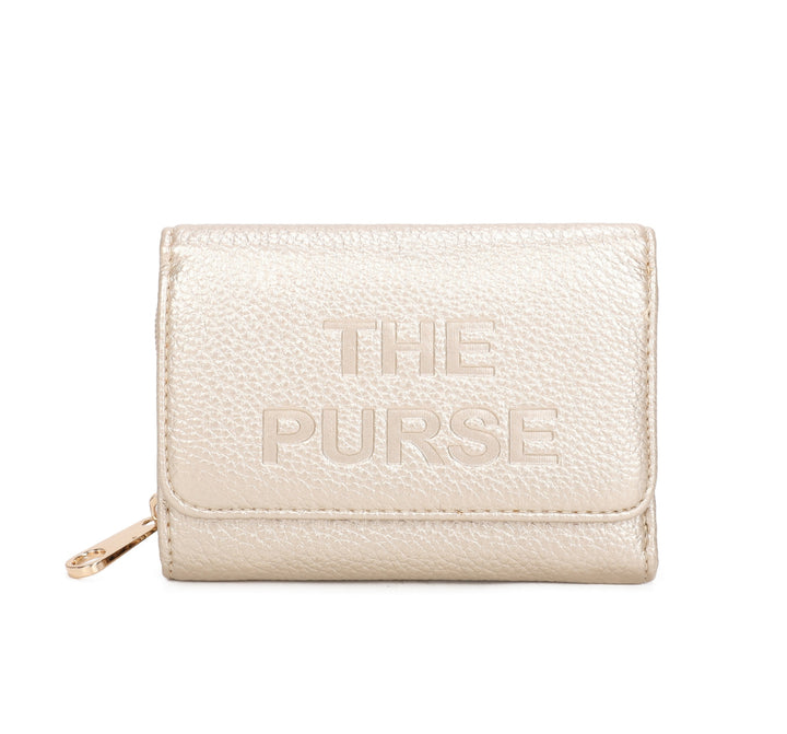 Gold faux leather purse with embossed ‘THE PURSE’ lettering and gold zip detail