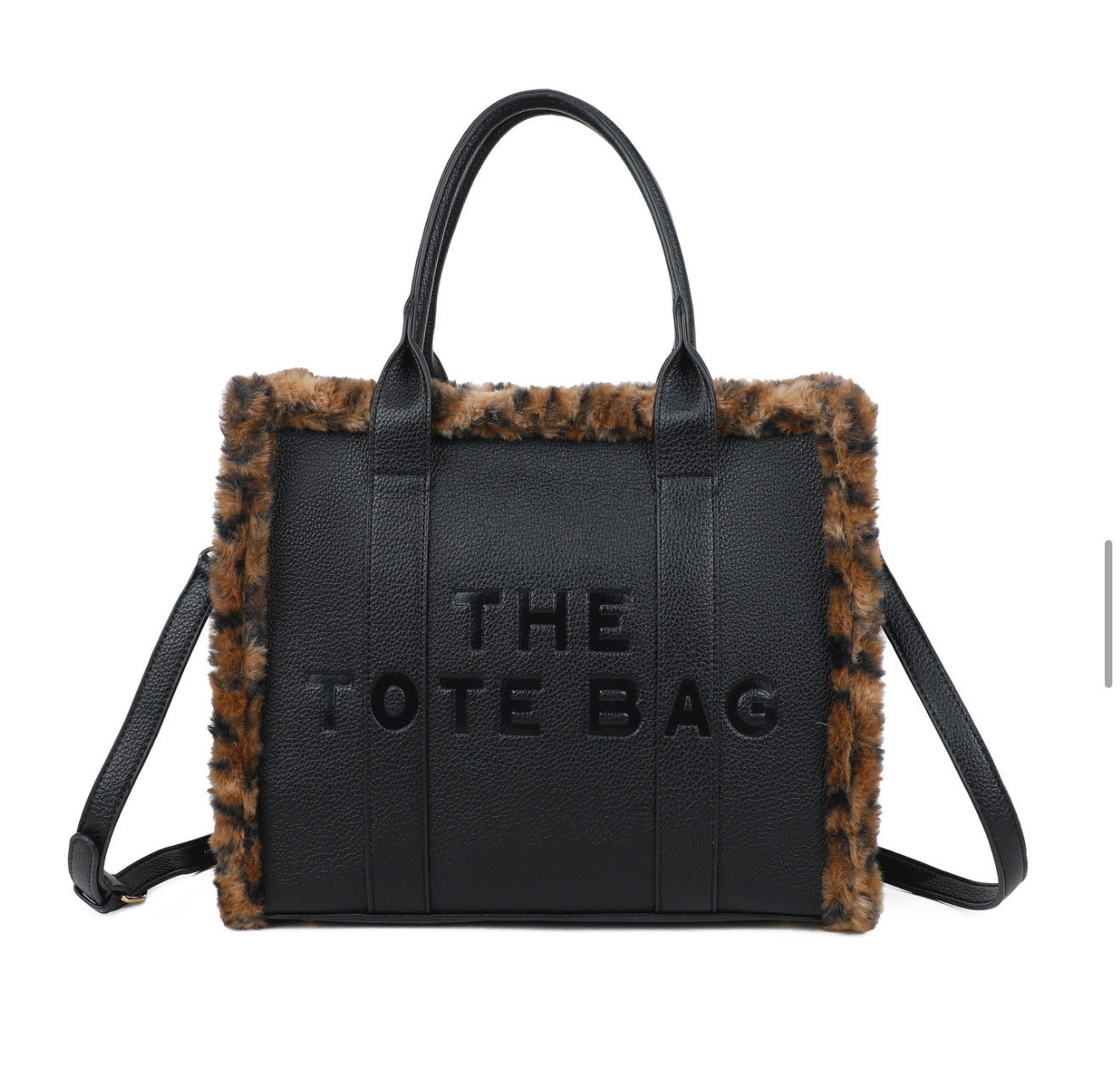Black coloured tote bag with animal print fur edging
