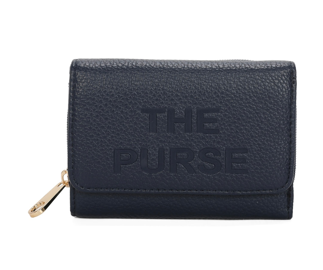 Navy faux leather purse with embossed ‘THE PURSE’ lettering and gold zip detail