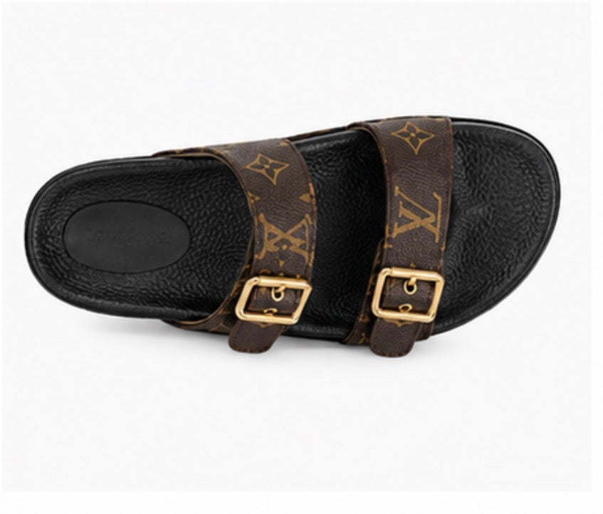 Women’s Brown Double Buckle Comfort Slide Sandals