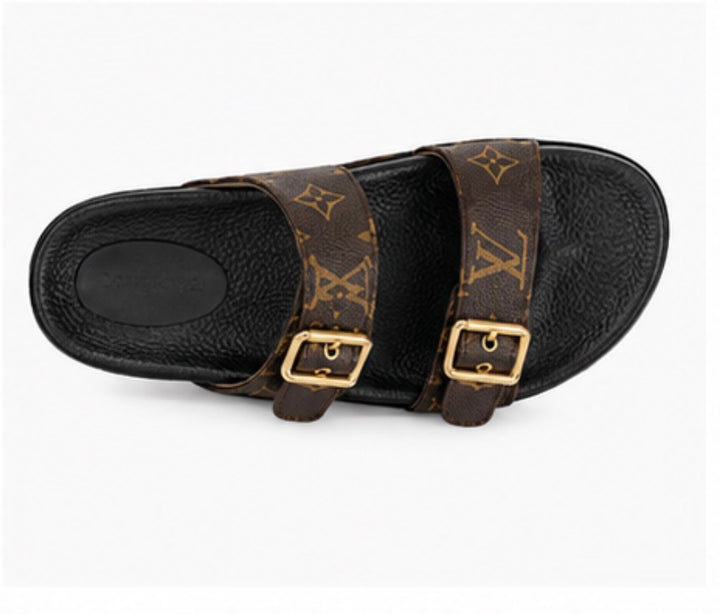 Women’s Brown Double Buckle Comfort Slide Sandals