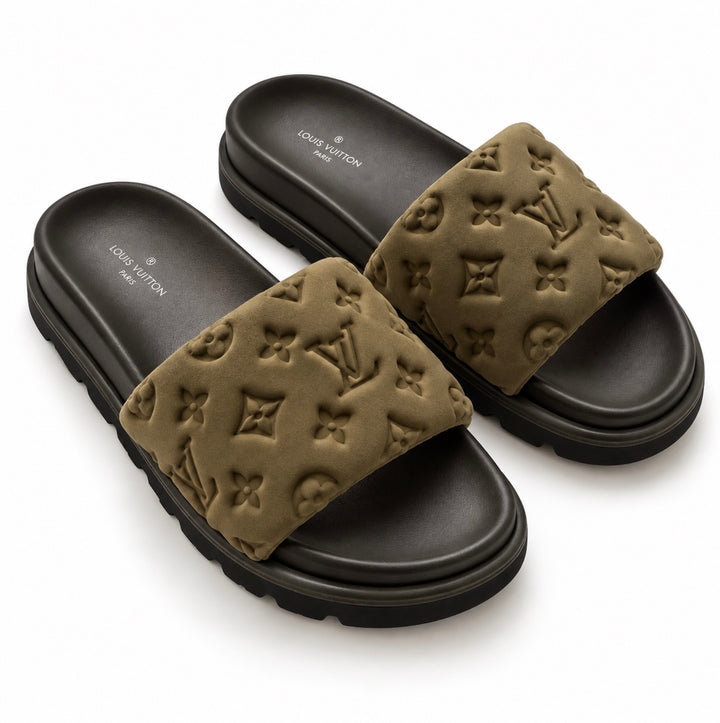 Khaki Padded Embossed Platform Sliders