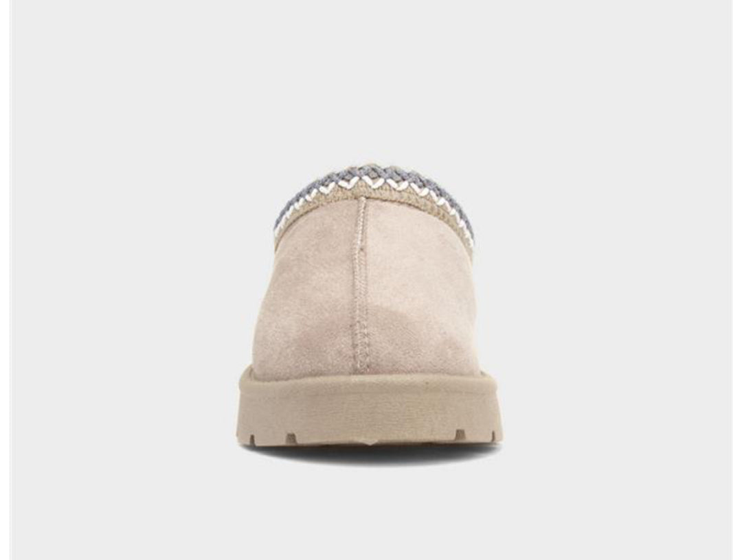 Beige suede slip-on mule slippers with thick sole and zigzag woven trim detail
