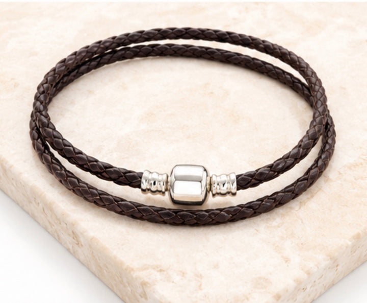 Brown Braided Double Wrap Bracelet with Silver Clasp