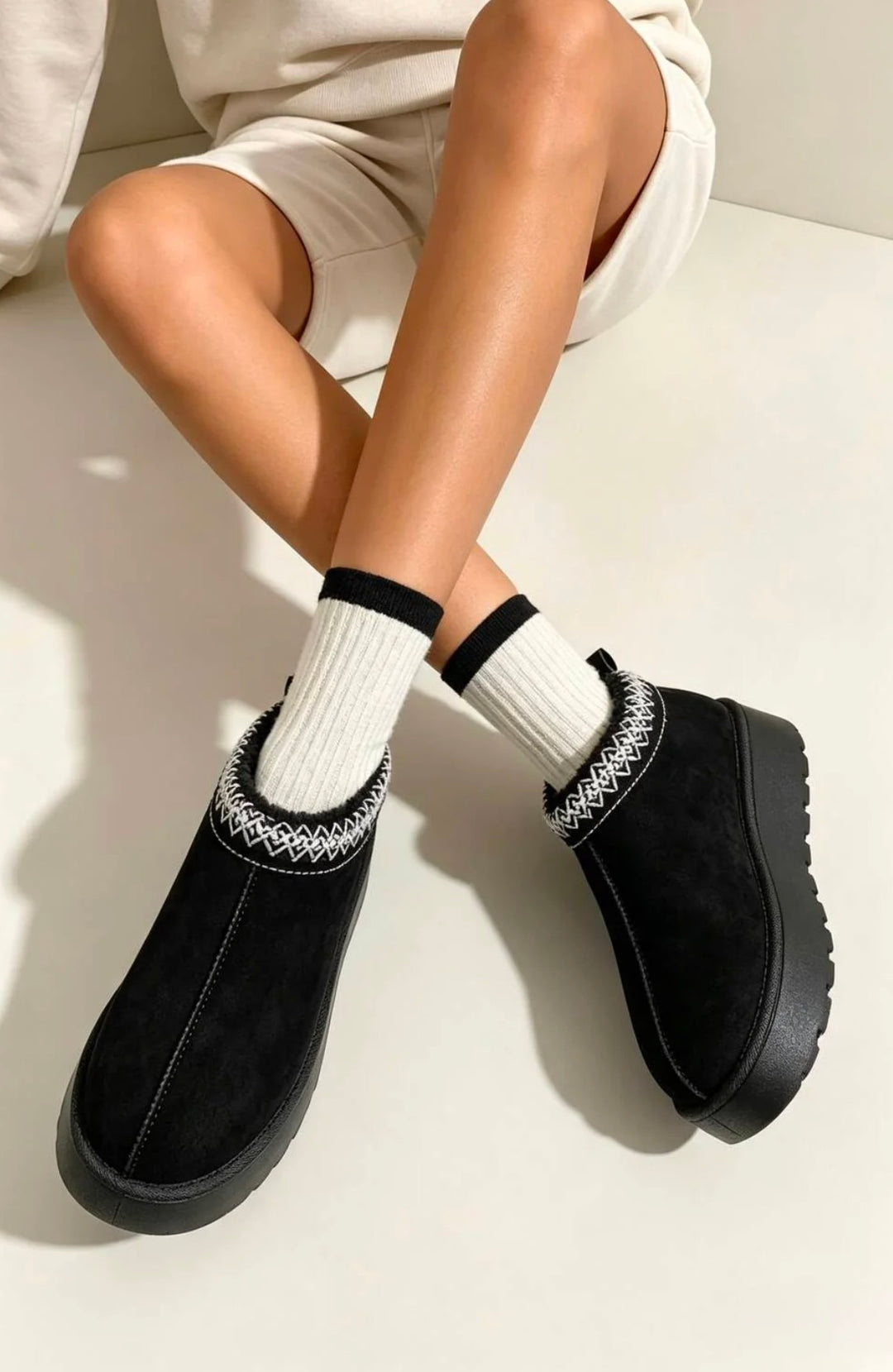Black Aztec Faux Fur Platform Slipper Boots