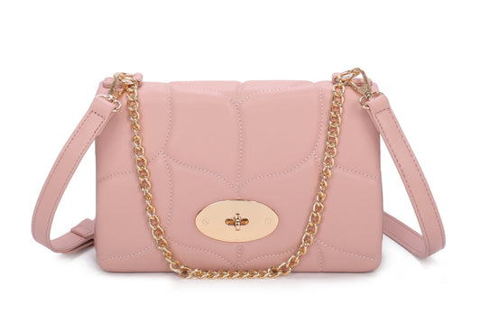 Pink quilted handbag with a gold chain strap 