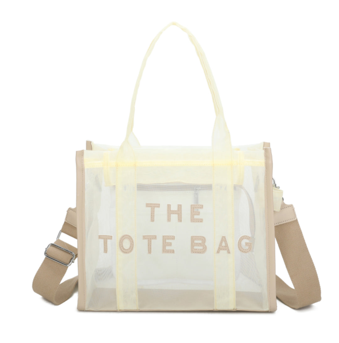 A opaque mesh tote bag with zip closure and a long Crossbody strap in beige