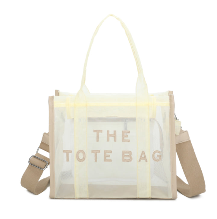 A opaque mesh tote bag with zip closure and a long Crossbody strap in beige