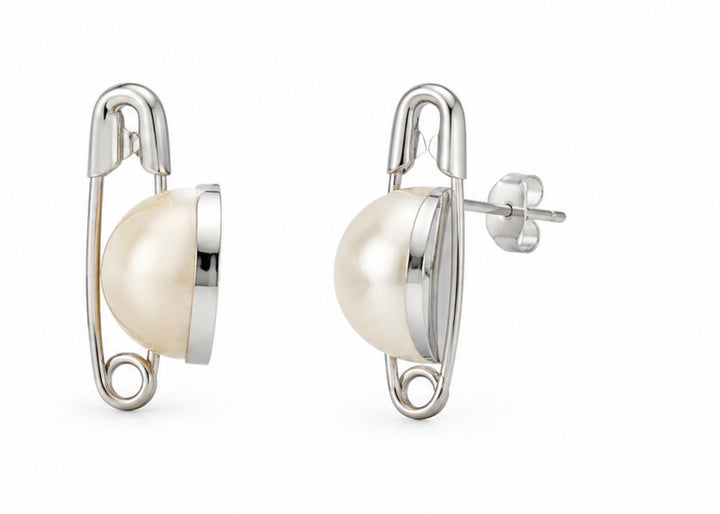 Silver Pearl Safety Pin Stud Earrings