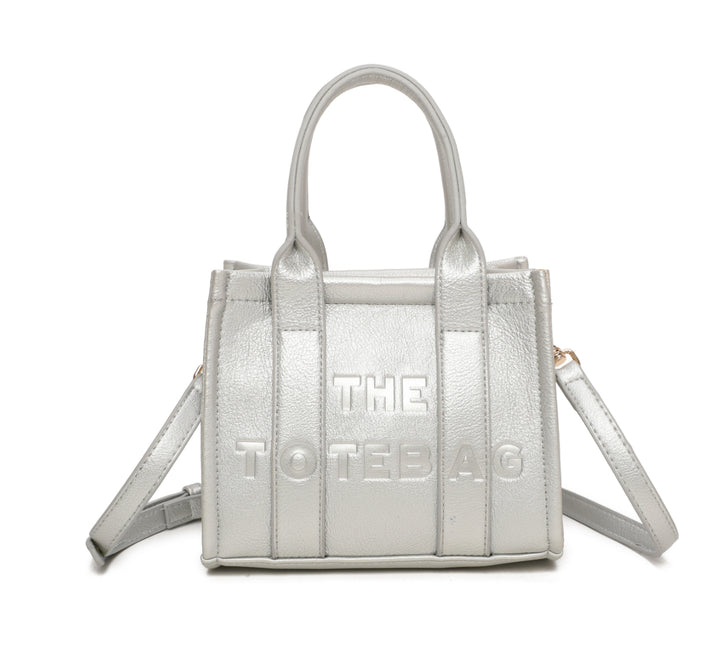 A silver mini tote bag with &