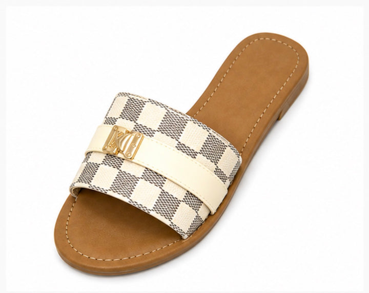 Women’s Checked Flat Slide Sandals with Gold Detail