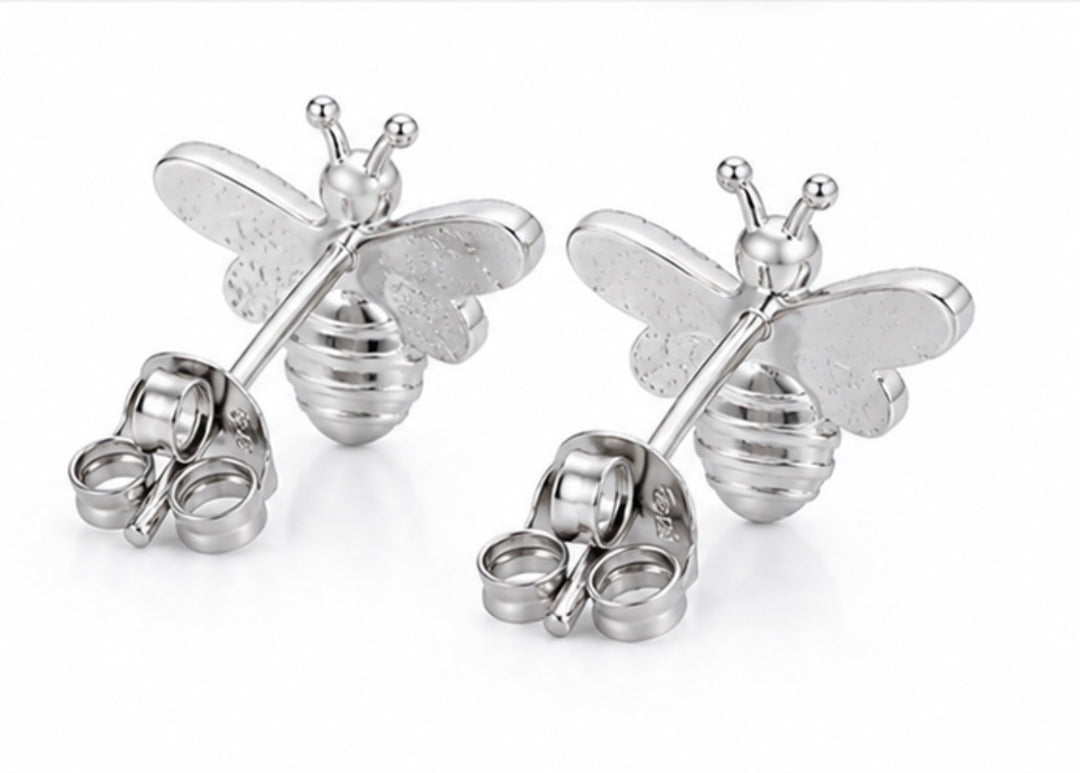 Silver Crystal Bee Stud Earrings
