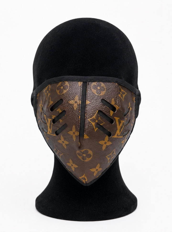 Brown monogram print fashion face mask with black trim and cut-out detailing