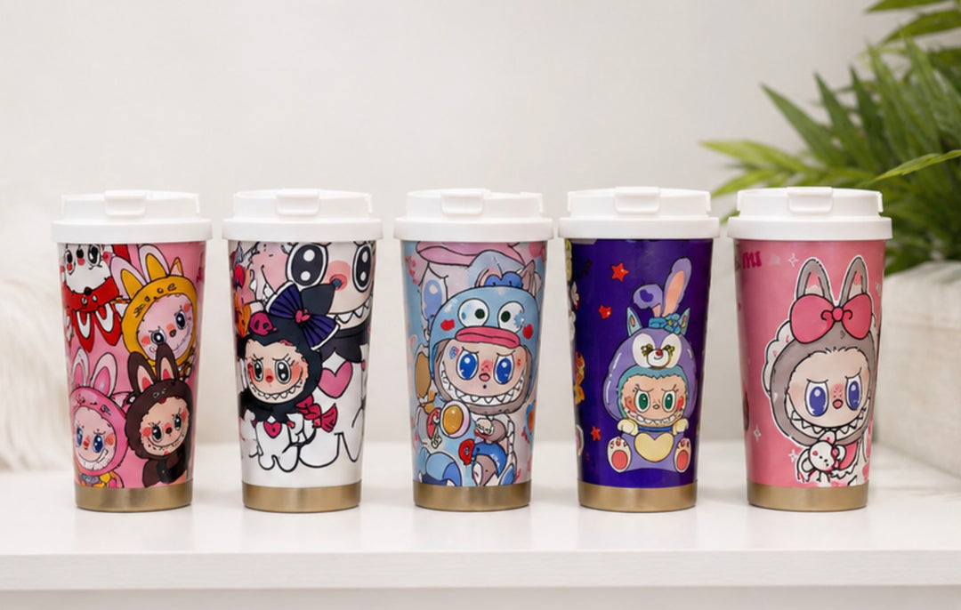 Labubu insulated travel bottle cup with flip lid in assorted colourful cartoon character designs.