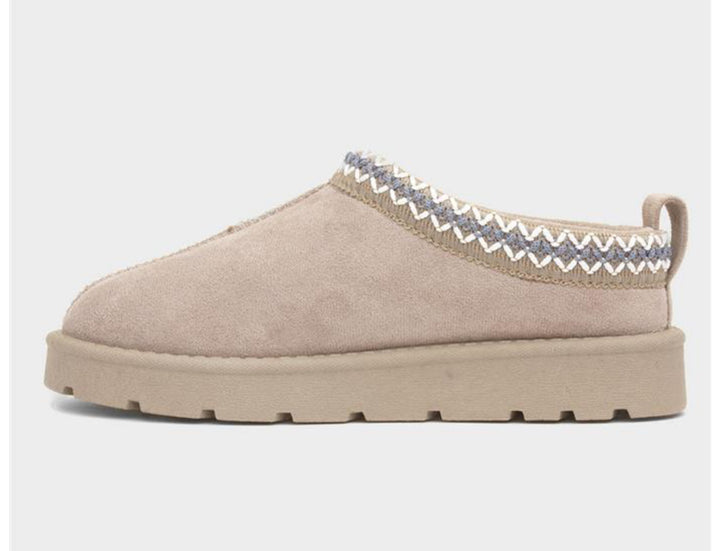 Beige suede slip-on mule slippers with thick sole and zigzag woven trim detail