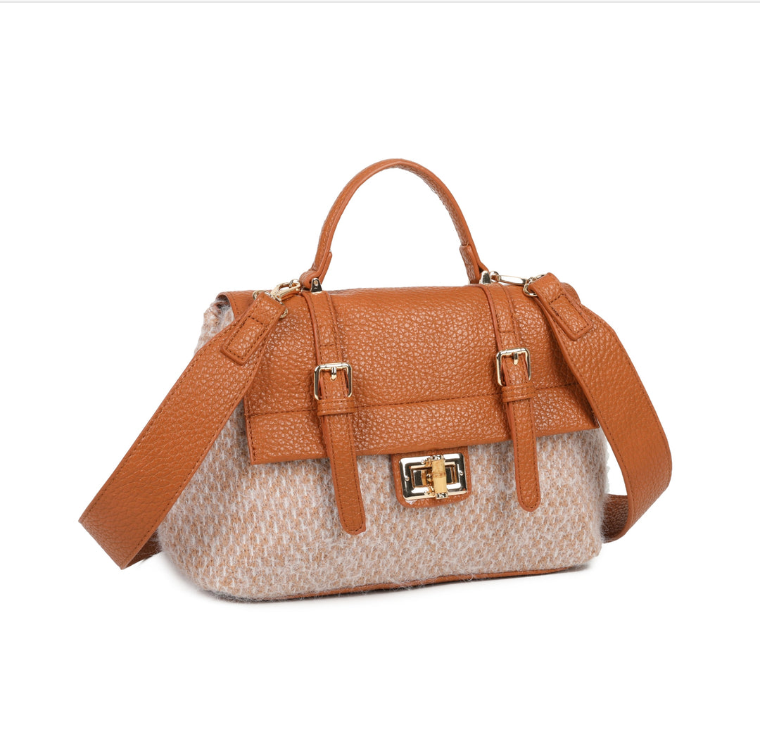 Brown leather and beige fabric handbag 