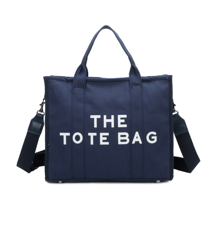 A navy canvas tote bag with &