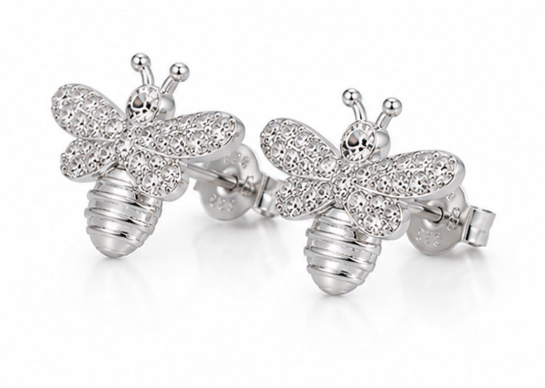 Silver Crystal Bee Stud Earrings