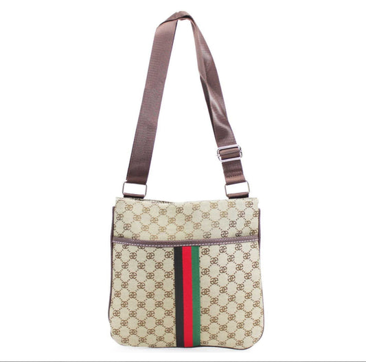 Designer inspired handbag with monogram pattern and colourful stripe 