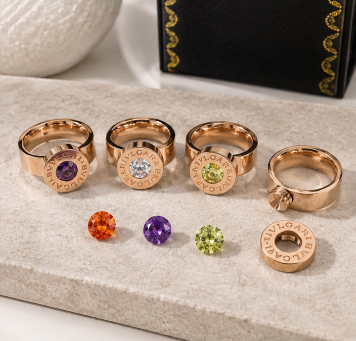 Rose gold-tone interchangeable statement ring with coloured crystal centres