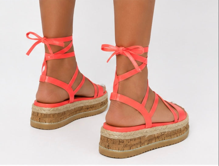 Neon Pink Lace-Up Platform Espadrille Sandals