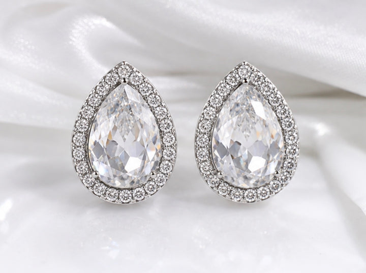 Silver Crystal Teardrop Halo Stud Earrings