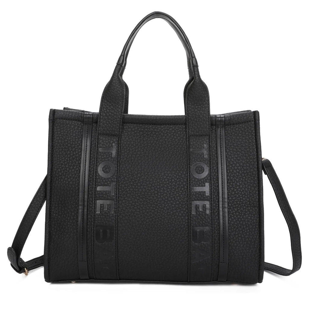 A large stripe print tote bag with double handles and a detachable adjustable long strap in black