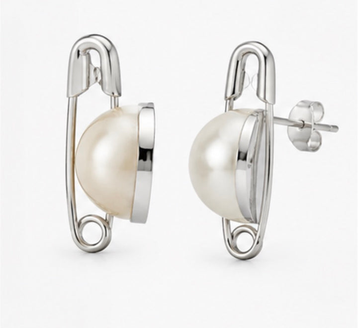 Silver Pearl Safety Pin Stud Earrings